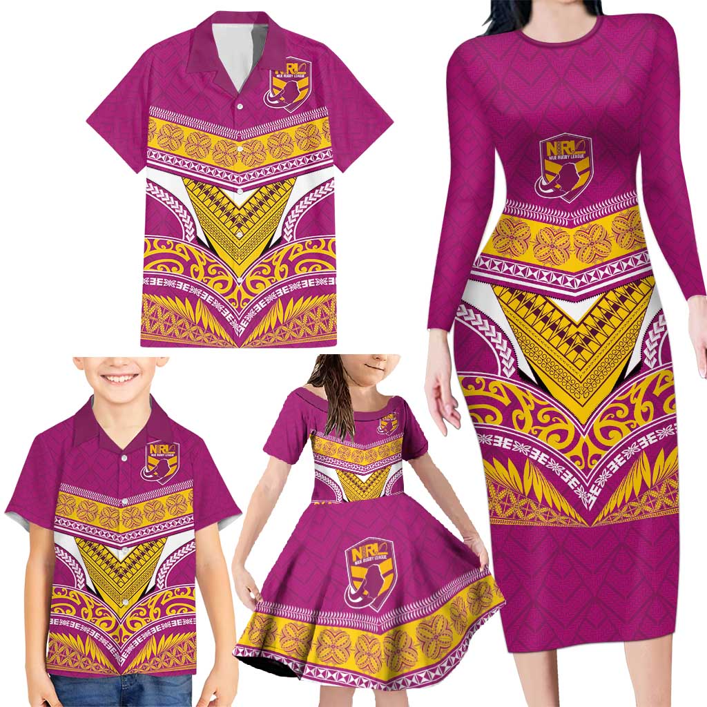 Custom Rugby Niue Family Matching Long Sleeve Bodycon Dress and Hawaiian Shirt Hiapo Tribal Heritage Tattoos Pink Color - Polynesian Pride