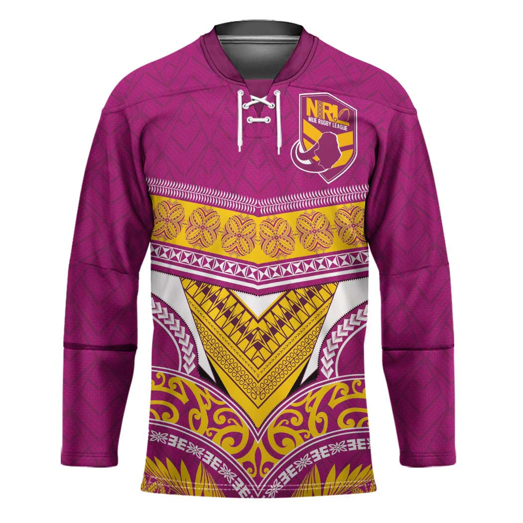 Custom Rugby Niue Hockey Jersey Hiapo Tribal Heritage Tattoos Pink Color - Polynesian Pride