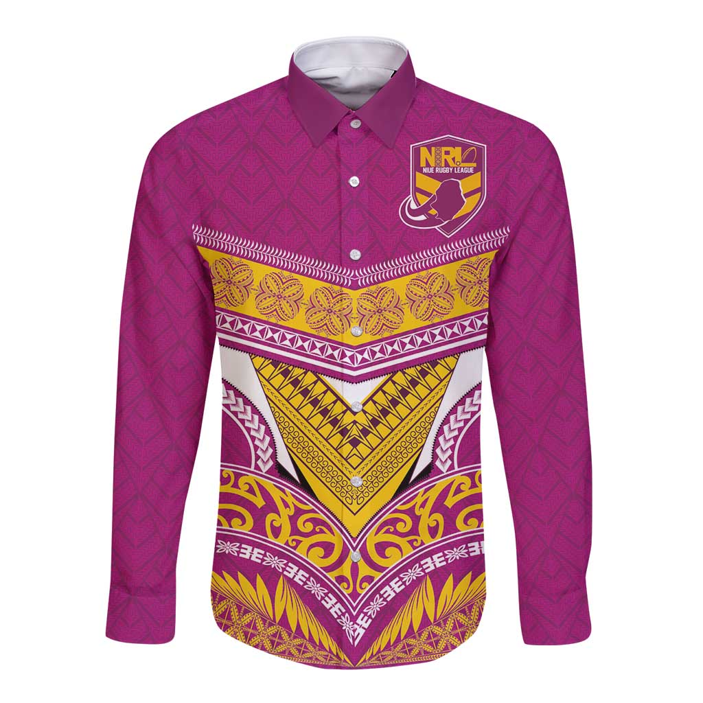 Custom Rugby Niue Long Sleeve Button Shirt Hiapo Tribal Heritage Tattoos Pink Color - Polynesian Pride