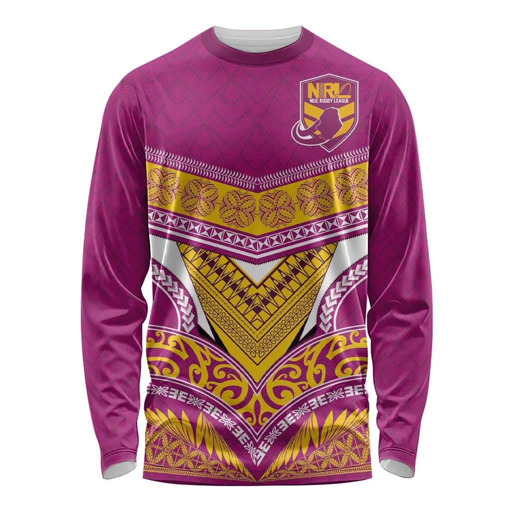 Custom Rugby Niue Long Sleeve Shirt Hiapo Tribal Heritage Tattoos Pink Color - Polynesian Pride