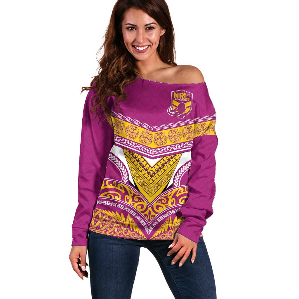 Custom Rugby Niue Off Shoulder Sweater Hiapo Tribal Heritage Tattoos Pink Color - Polynesian Pride