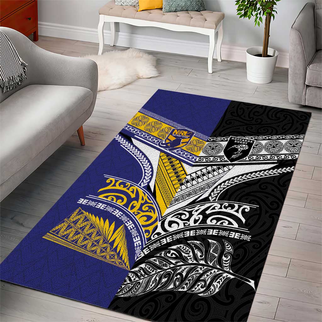 Rugby Niue and Aotearoa Area Rug Hiapo with Maori Moko Tribal Heritage Tattoos - Polynesian Pride