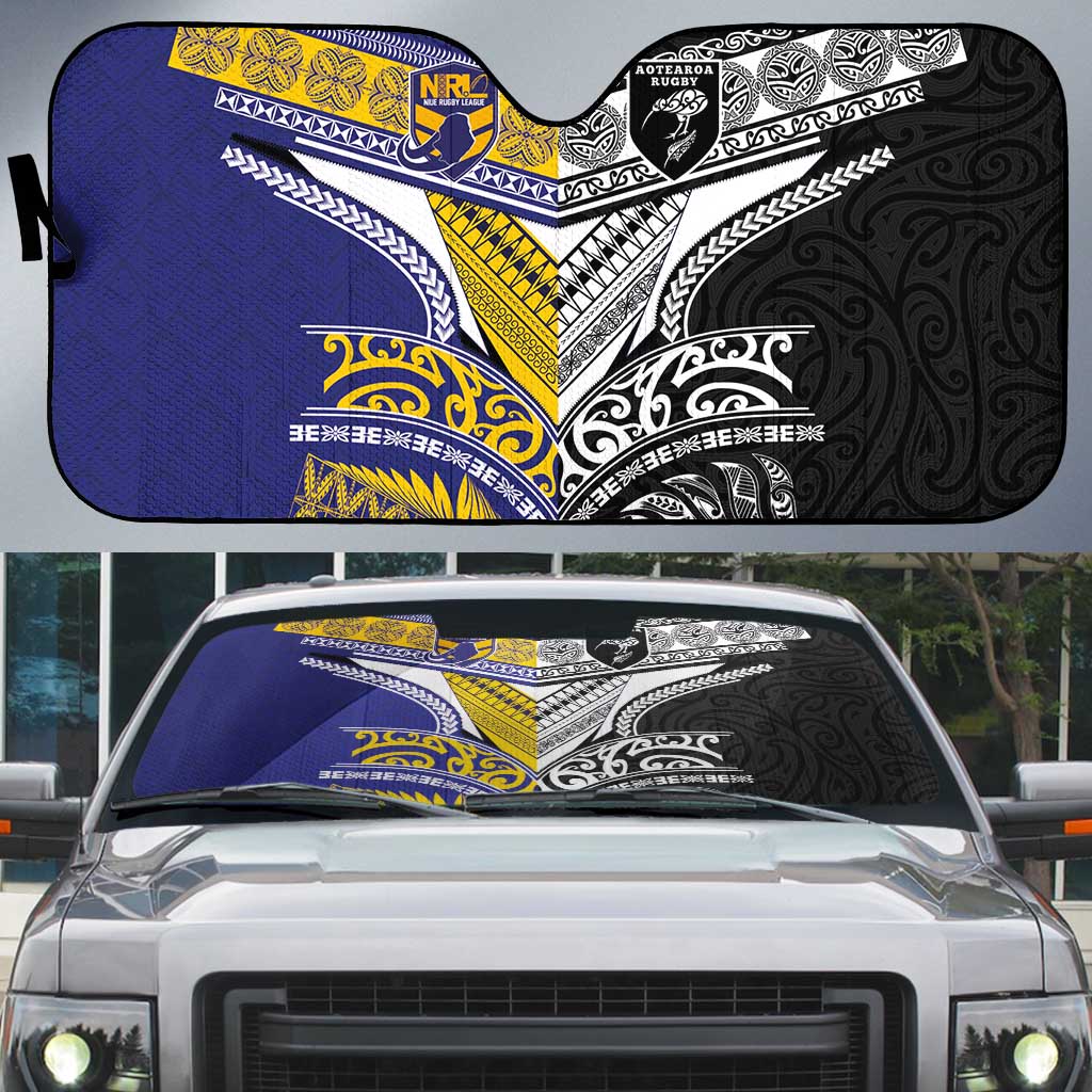Rugby Niue and Aotearoa Auto Sun Shade Hiapo with Maori Moko Tribal Heritage Tattoos - Polynesian Pride