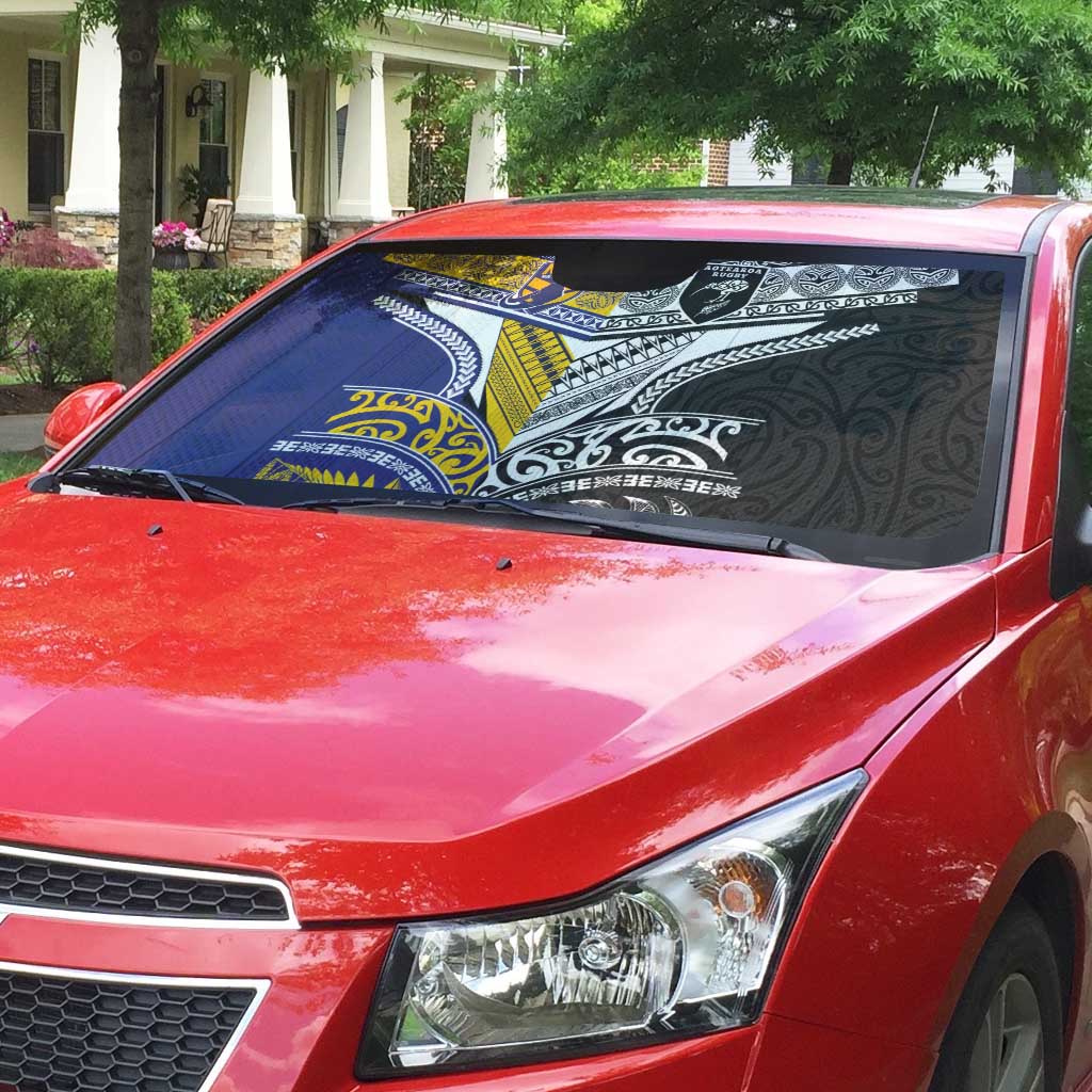 Rugby Niue and Aotearoa Auto Sun Shade Hiapo with Maori Moko Tribal Heritage Tattoos - Polynesian Pride