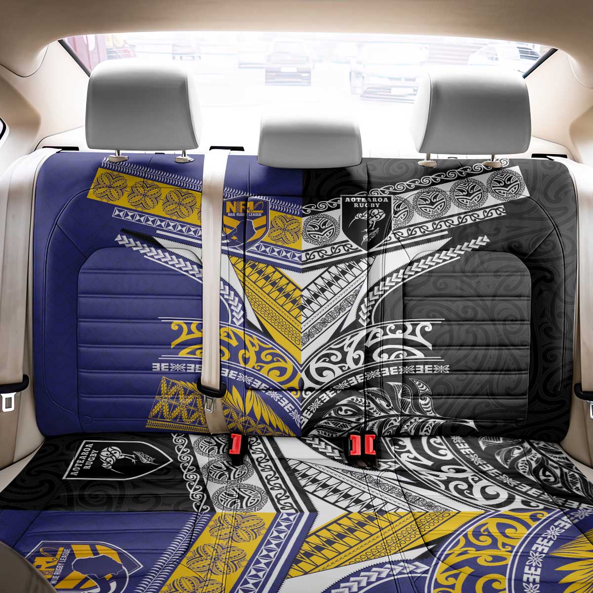 Rugby Niue and Aotearoa Back Car Seat Cover Hiapo with Maori Moko Tribal Heritage Tattoos - Polynesian Pride