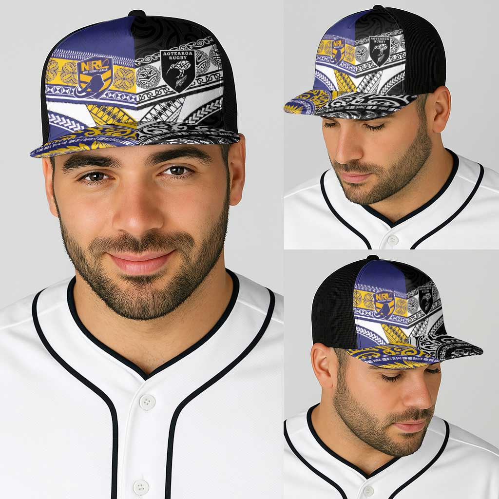 Niue and Aotearoa Rugby Baseball Net Cap Hiapo with Maori Moko Tribal Heritage Tattoos - Polynesian Pride