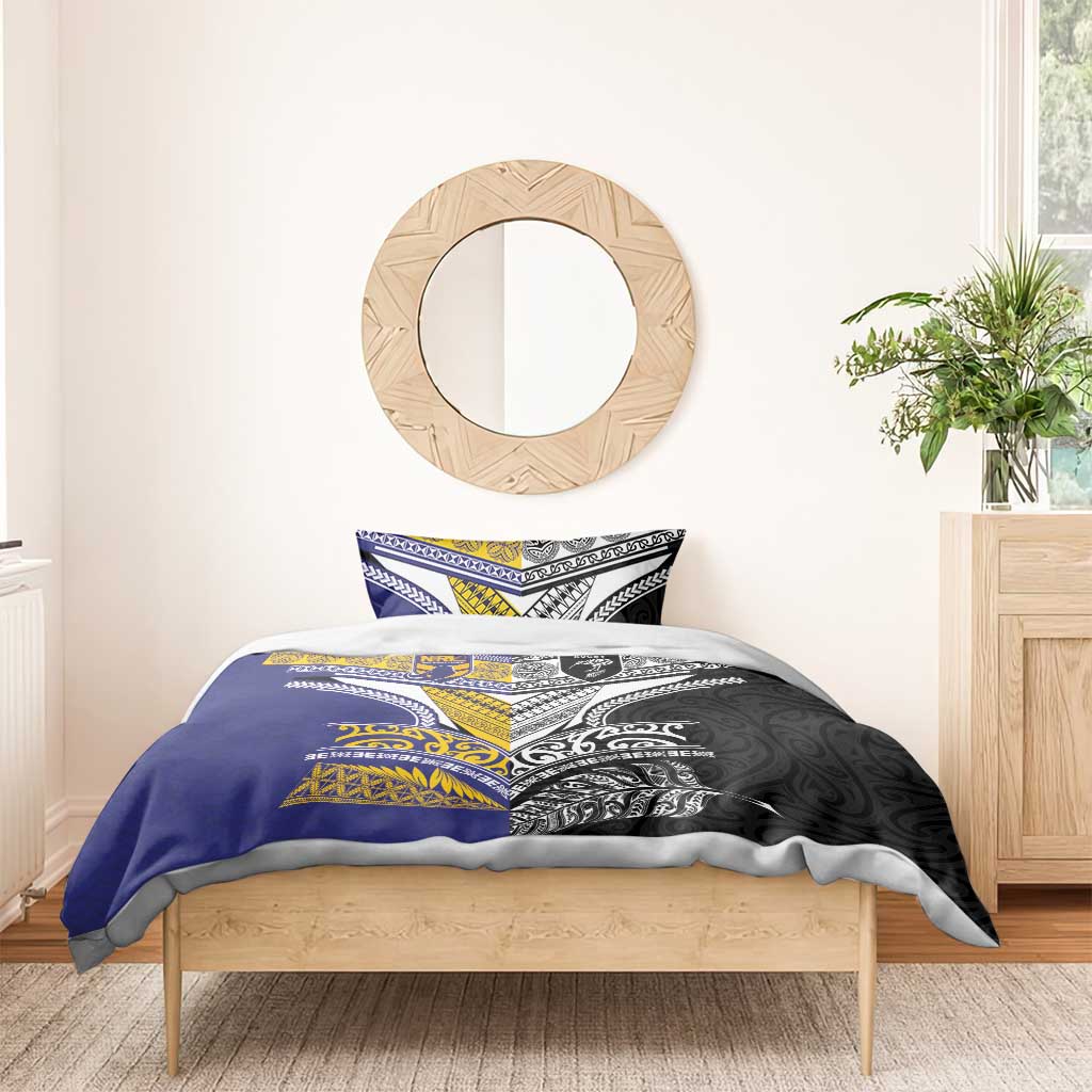 Rugby Niue and Aotearoa Bedding Set Hiapo with Maori Moko Tribal Heritage Tattoos - Polynesian Pride