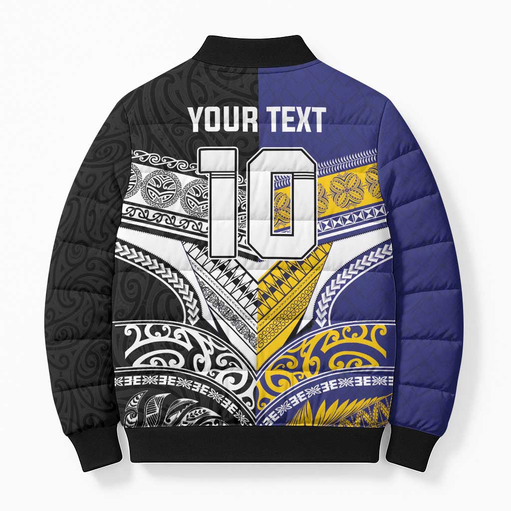 Custom Rugby Niue and Aotearoa Bomber Puffer Jacket Hiapo with Maori Moko Tribal Heritage Tattoos - Polynesian Pride