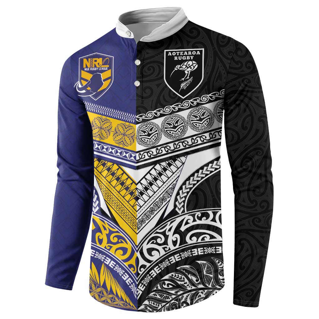 Custom Rugby Niue and Aotearoa Button Sweatshirt Hiapo with Maori Moko Tribal Heritage Tattoos - Polynesian Pride