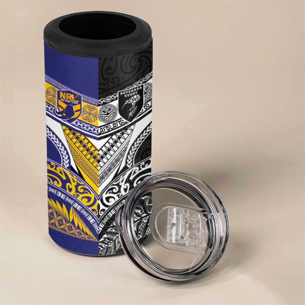 Custom Rugby Niue and Aotearoa 4 in 1 Can Cooler Tumbler Hiapo with Maori Moko Tribal Heritage Tattoos - Polynesian Pride