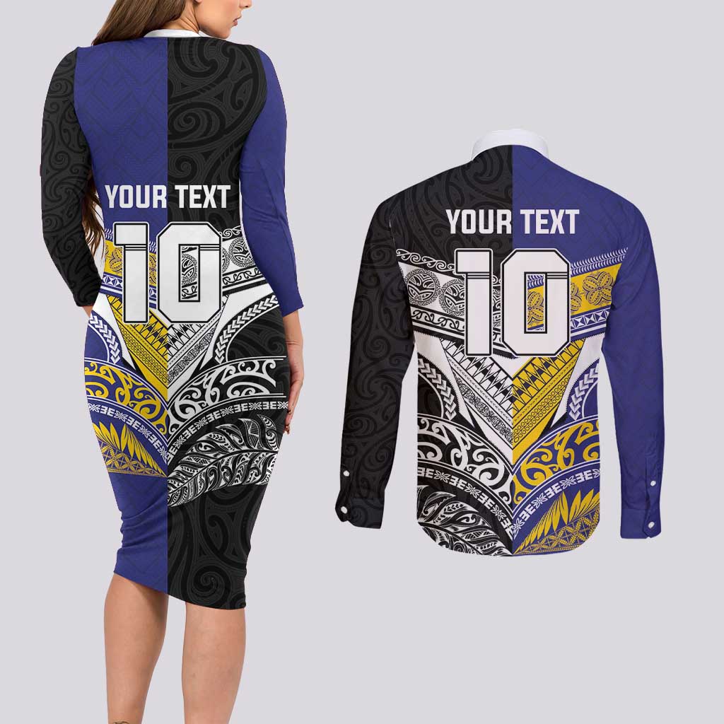 Custom Rugby Niue and Aotearoa Couples Matching Long Sleeve Bodycon Dress and Long Sleeve Button Shirt Hiapo with Maori Moko Tribal Heritage Tattoos - Polynesian Pride