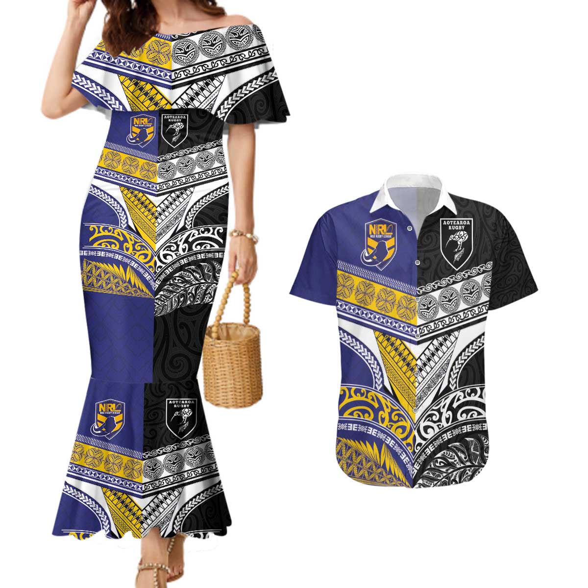 Custom Rugby Niue and Aotearoa Couples Matching Mermaid Dress and Hawaiian Shirt Hiapo with Maori Moko Tribal Heritage Tattoos - Polynesian Pride