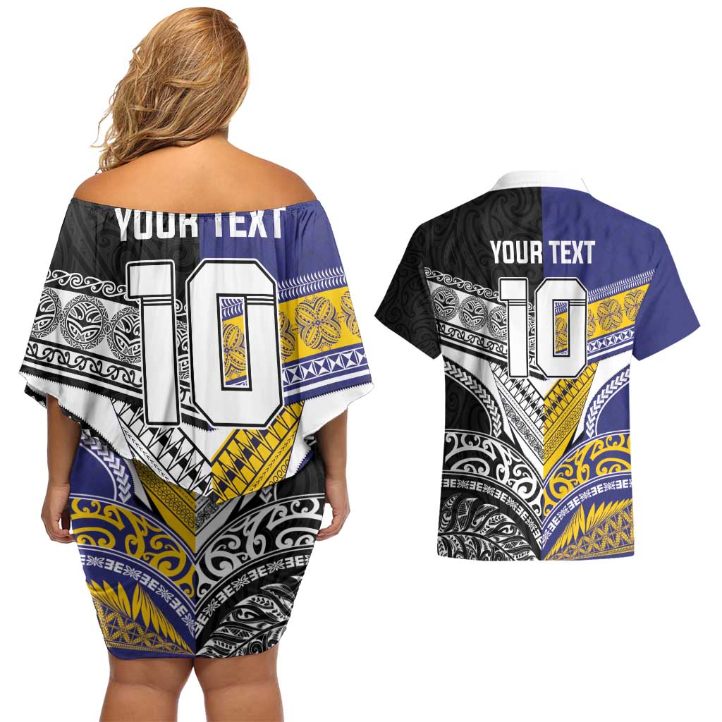 Custom Rugby Niue and Aotearoa Couples Matching Off Shoulder Short Dress and Hawaiian Shirt Hiapo with Maori Moko Tribal Heritage Tattoos - Polynesian Pride