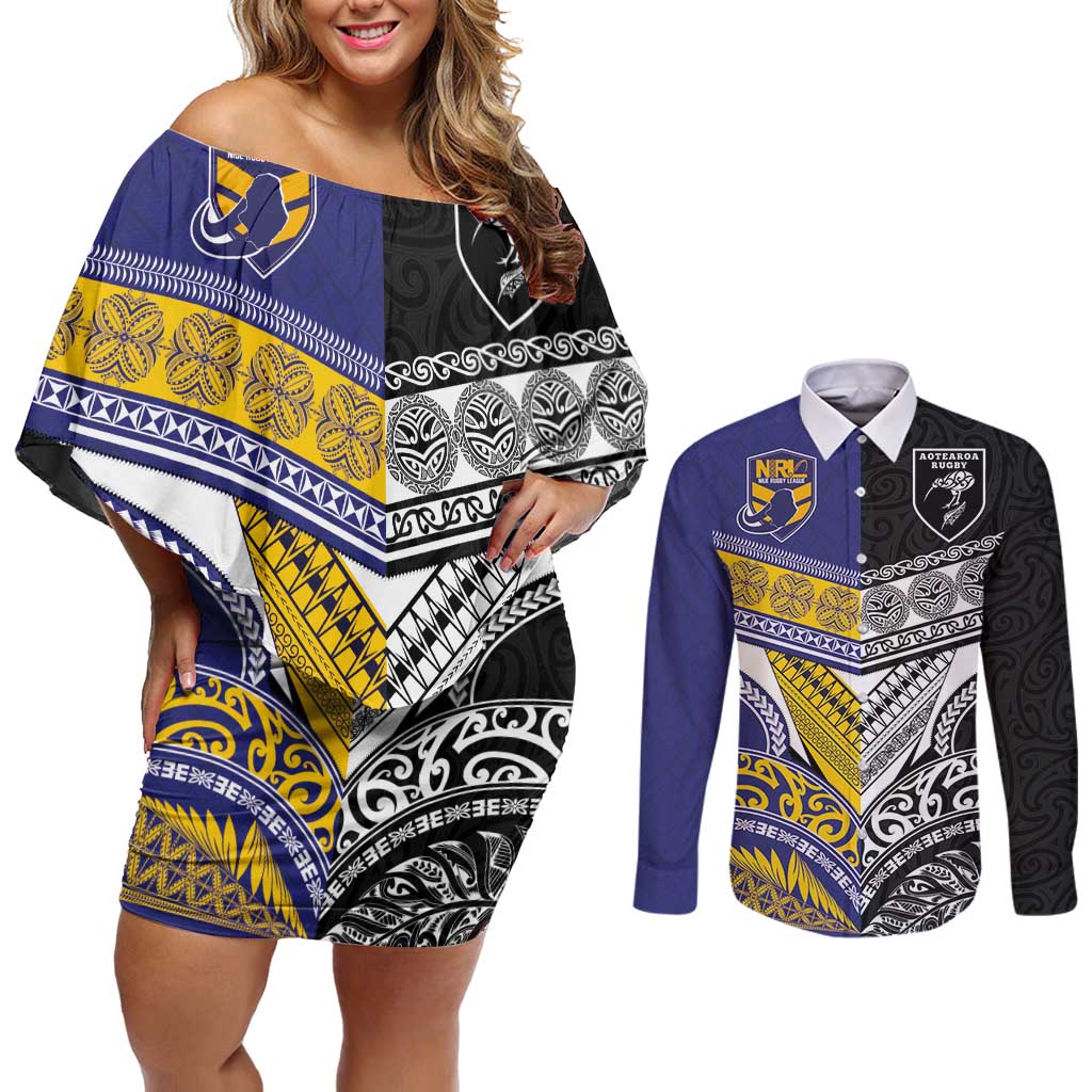 Custom Rugby Niue and Aotearoa Couples Matching Off Shoulder Short Dress and Long Sleeve Button Shirt Hiapo with Maori Moko Tribal Heritage Tattoos - Polynesian Pride