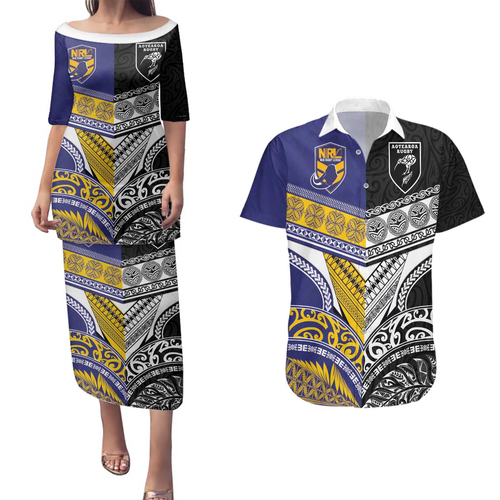 Custom Rugby Niue and Aotearoa Couples Matching Puletasi and Hawaiian Shirt Hiapo with Maori Moko Tribal Heritage Tattoos - Polynesian Pride