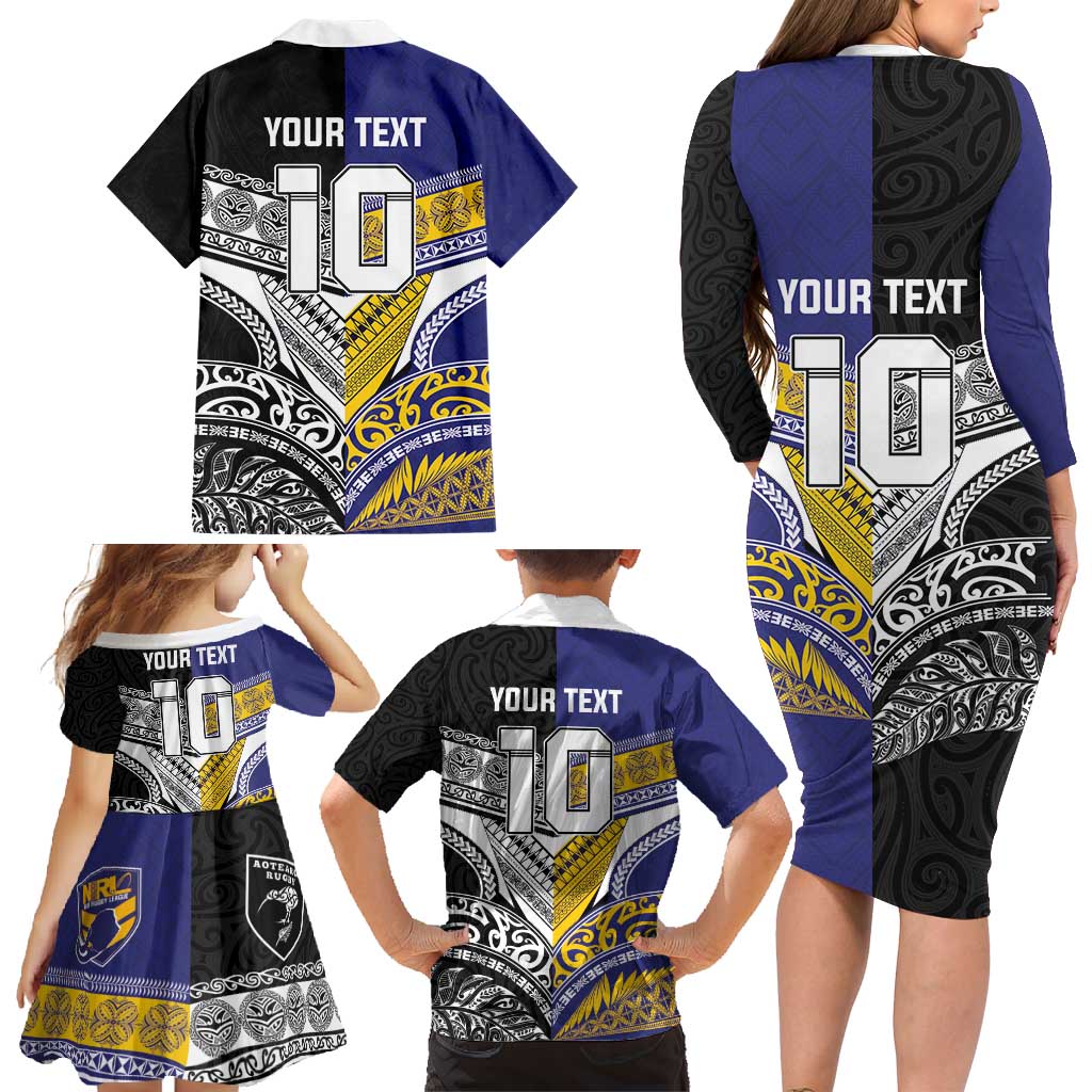 Custom Rugby Niue and Aotearoa Family Matching Long Sleeve Bodycon Dress and Hawaiian Shirt Hiapo with Maori Moko Tribal Heritage Tattoos - Polynesian Pride