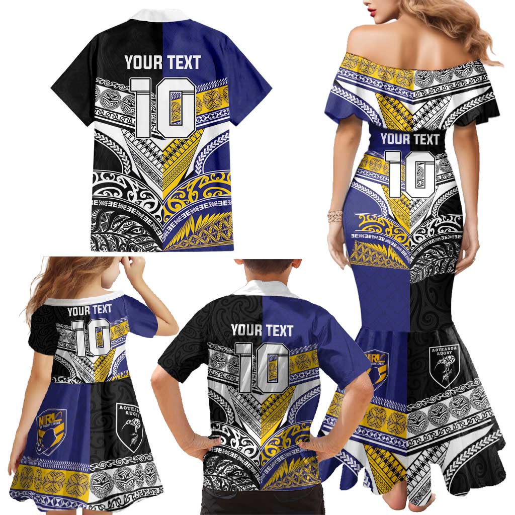 Custom Rugby Niue and Aotearoa Family Matching Mermaid Dress and Hawaiian Shirt Hiapo with Maori Moko Tribal Heritage Tattoos - Polynesian Pride