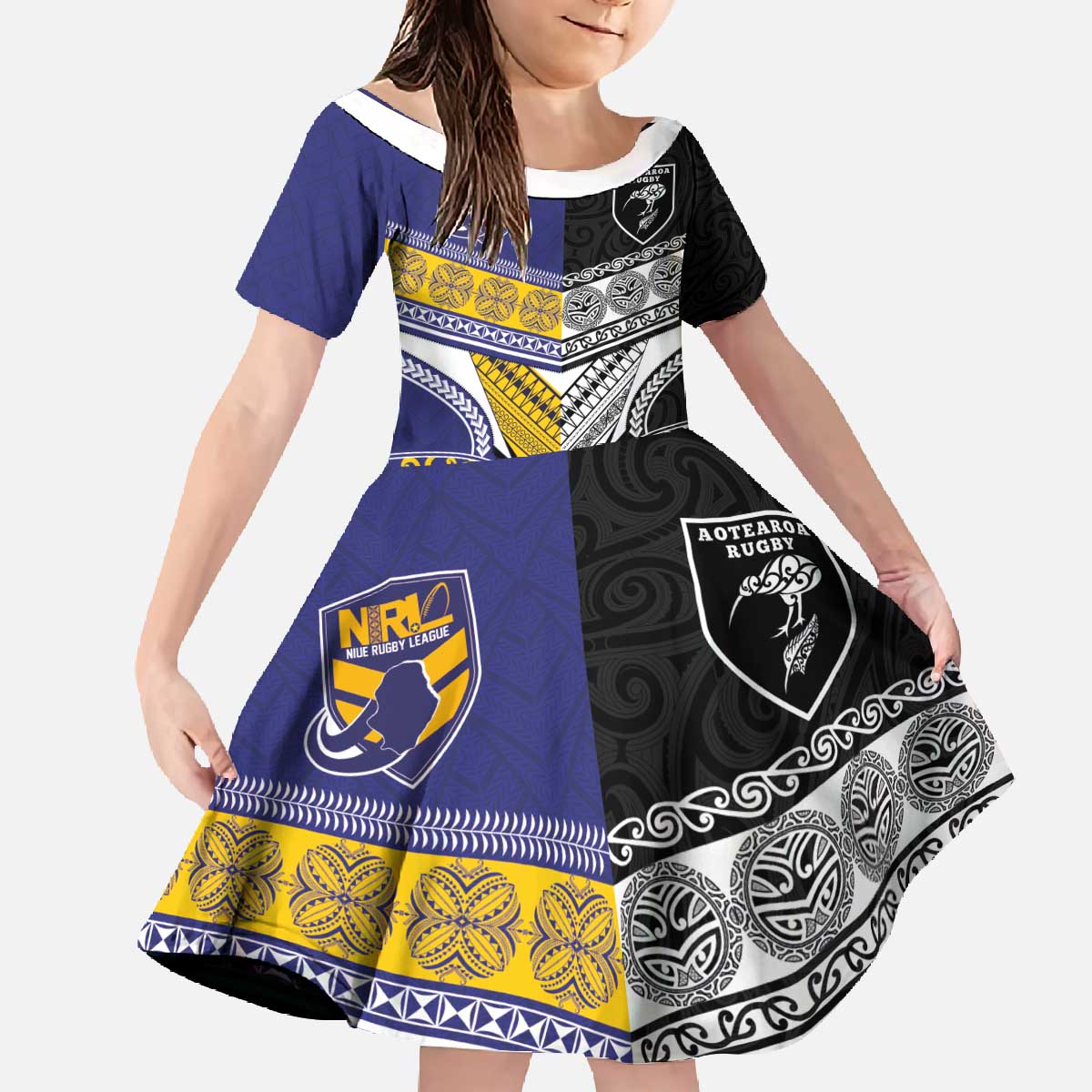 Custom Rugby Niue and Aotearoa Family Matching Off The Shoulder Long Sleeve Dress and Hawaiian Shirt Hiapo with Maori Moko Tribal Heritage Tattoos - Polynesian Pride