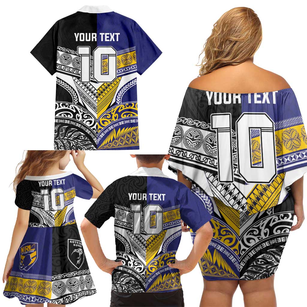 Custom Rugby Niue and Aotearoa Family Matching Off Shoulder Short Dress and Hawaiian Shirt Hiapo with Maori Moko Tribal Heritage Tattoos - Polynesian Pride