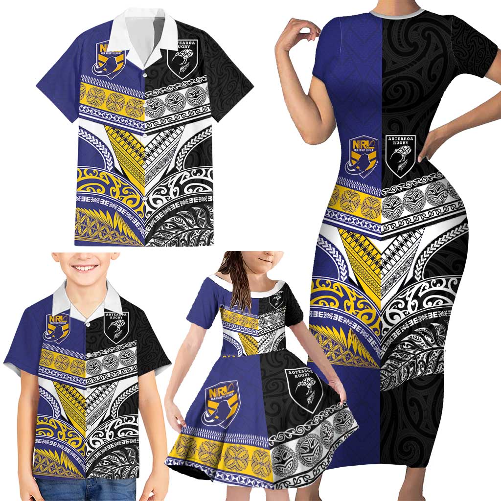 Custom Rugby Niue and Aotearoa Family Matching Short Sleeve Bodycon Dress and Hawaiian Shirt Hiapo with Maori Moko Tribal Heritage Tattoos - Polynesian Pride