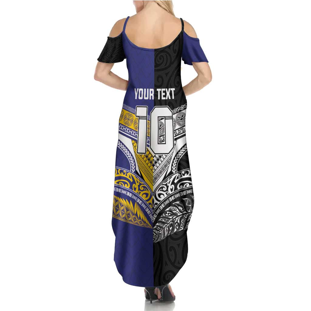 Custom Rugby Niue and Aotearoa Family Matching Summer Maxi Dress and Hawaiian Shirt Hiapo with Maori Moko Tribal Heritage Tattoos - Polynesian Pride