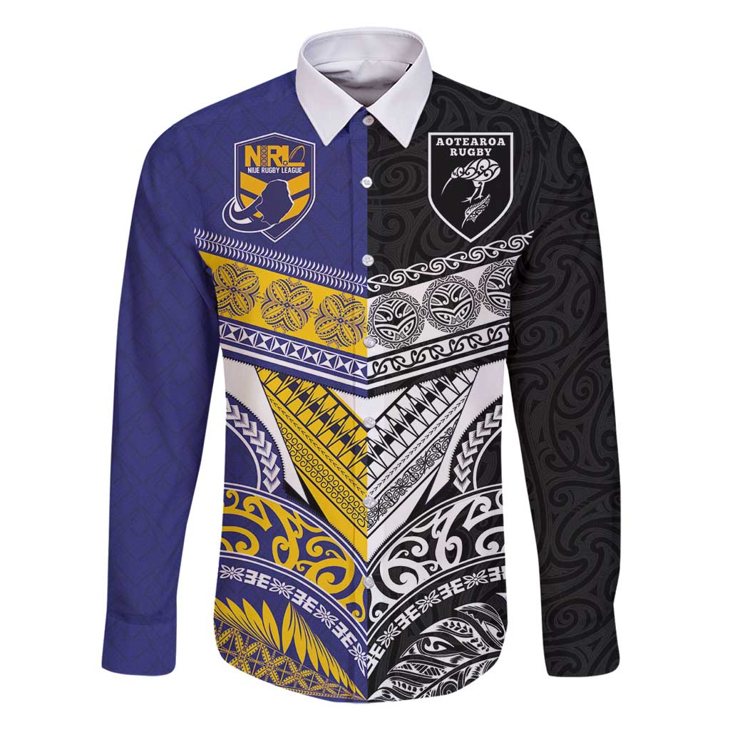 Custom Rugby Niue and Aotearoa Family Matching Tank Maxi Dress and Hawaiian Shirt Hiapo with Maori Moko Tribal Heritage Tattoos - Polynesian Pride