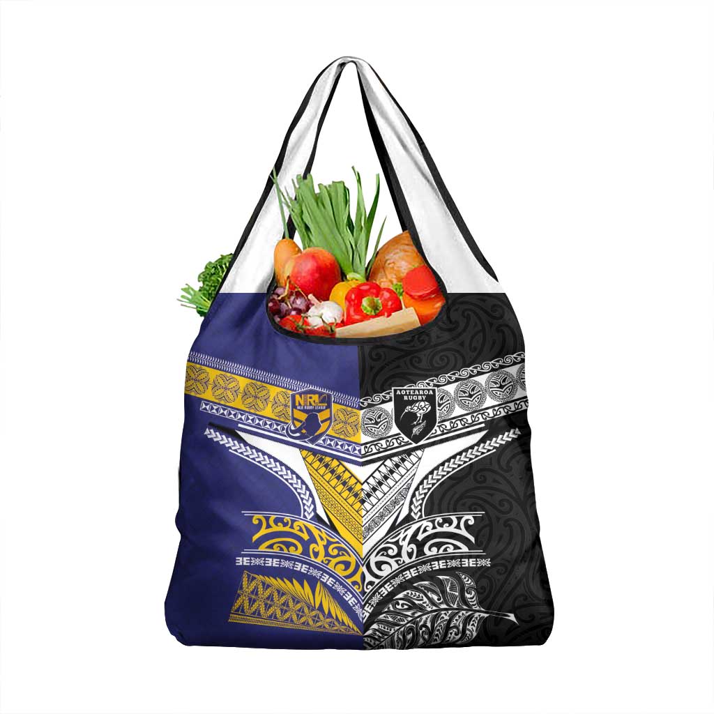 Rugby Niue and Aotearoa Grocery Bag Hiapo with Maori Moko Tribal Heritage Tattoos - Polynesian Pride