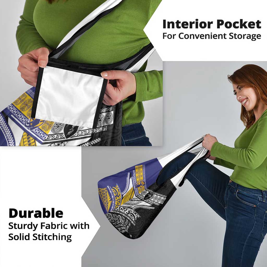 Rugby Niue and Aotearoa Grocery Bag Hiapo with Maori Moko Tribal Heritage Tattoos - Polynesian Pride