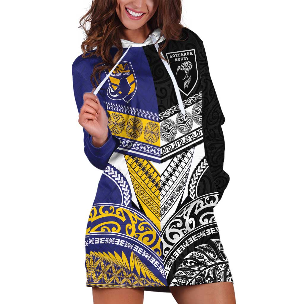 Custom Rugby Niue and Aotearoa Hoodie Dress Hiapo with Maori Moko Tribal Heritage Tattoos - Polynesian Pride