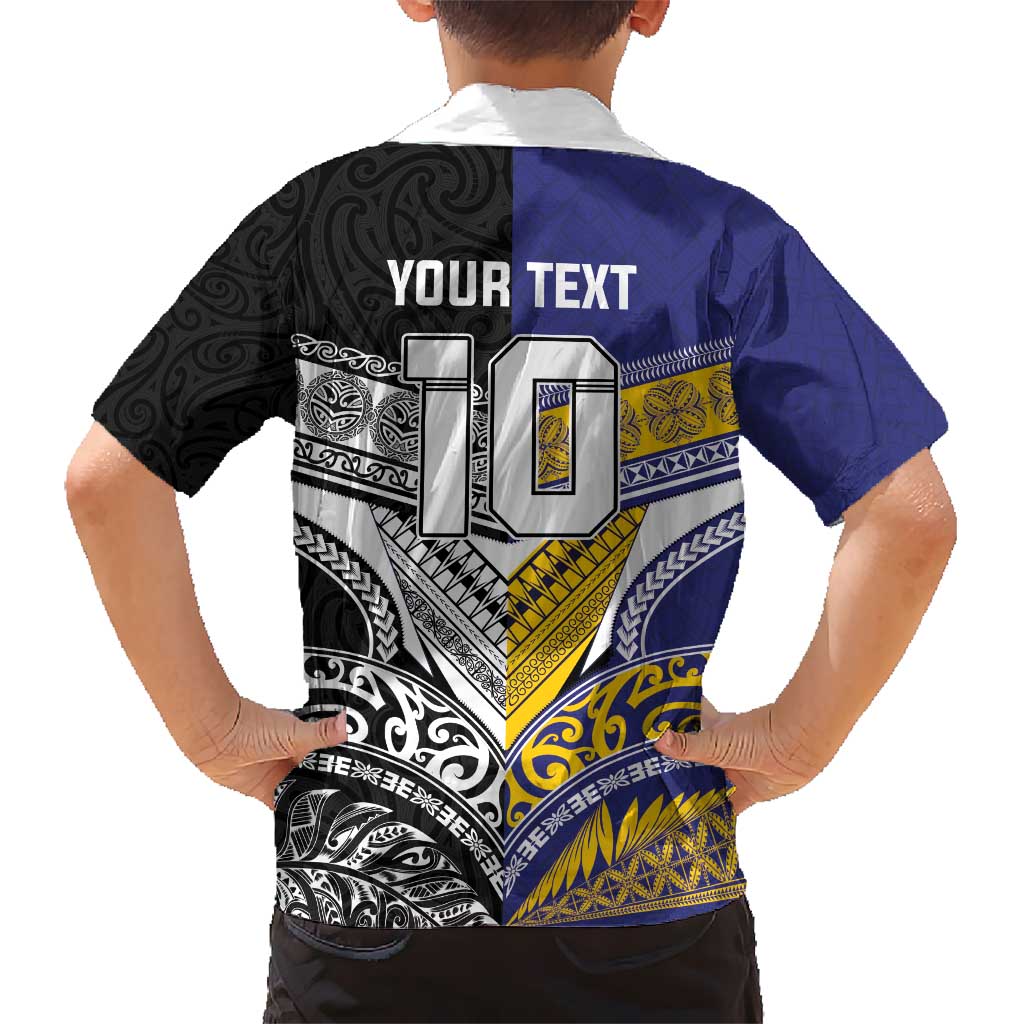 Custom Rugby Niue and Aotearoa Kid Hawaiian Shirt Hiapo with Maori Moko Tribal Heritage Tattoos - Polynesian Pride