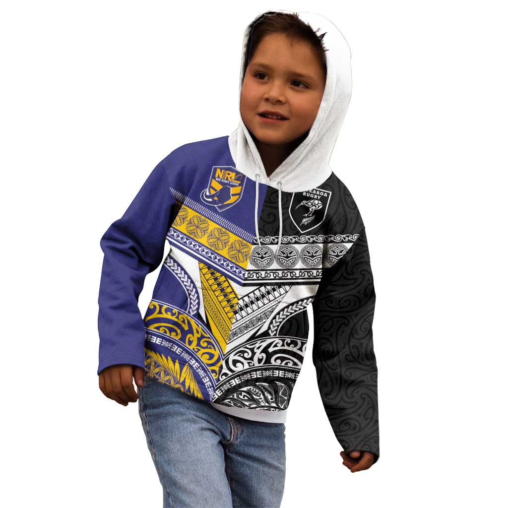 Custom Rugby Niue and Aotearoa Kid Hoodie Hiapo with Maori Moko Tribal Heritage Tattoos - Polynesian Pride