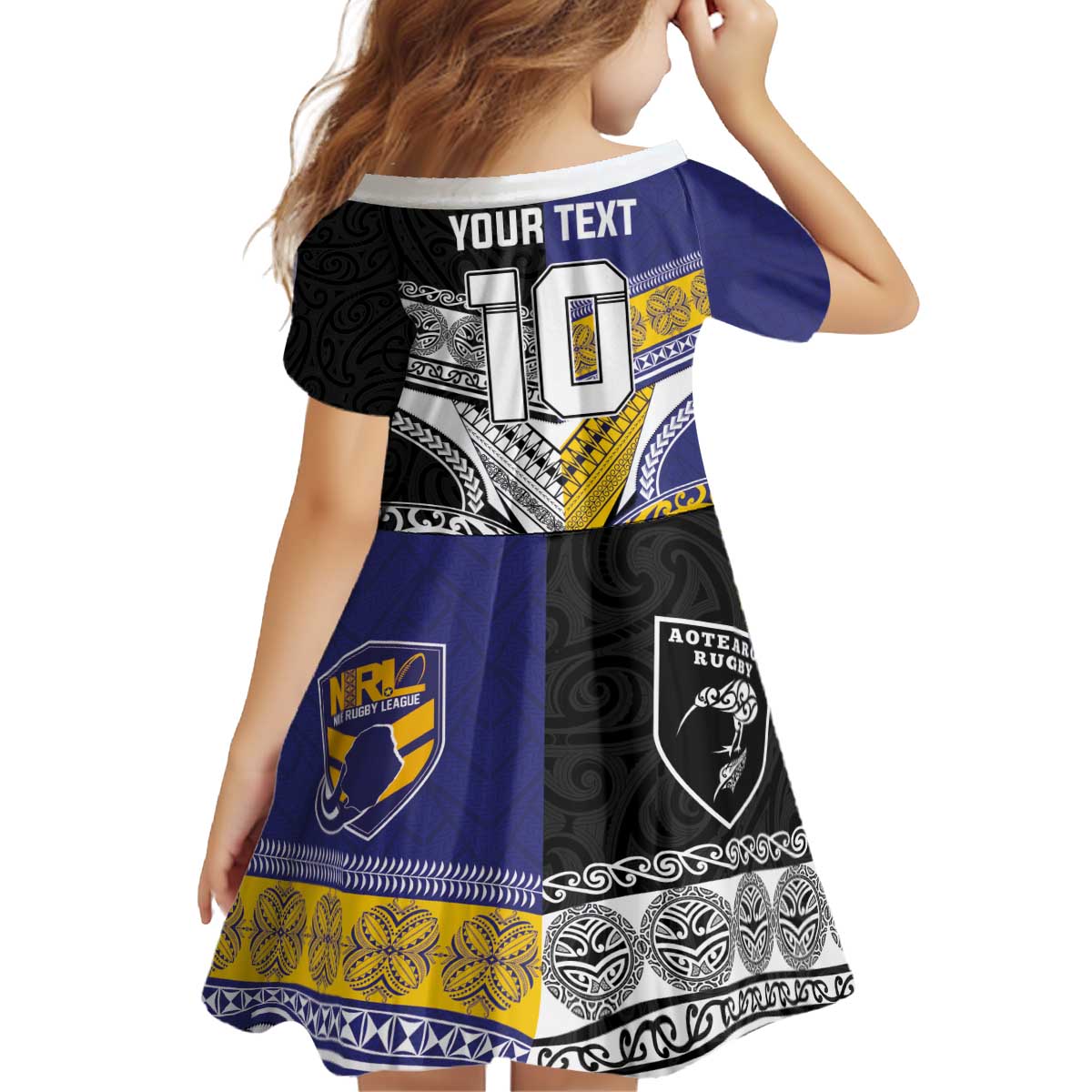 Custom Rugby Niue and Aotearoa Kid Short Sleeve Dress Hiapo with Maori Moko Tribal Heritage Tattoos - Polynesian Pride