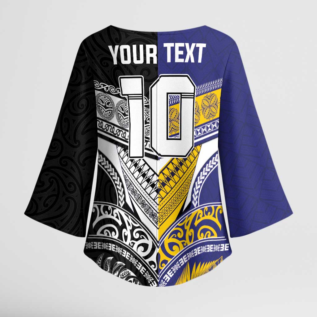 Custom Rugby Niue and Aotearoa Kimono Sleeve Blouse Hiapo with Maori Moko Tribal Heritage Tattoos - Polynesian Pride