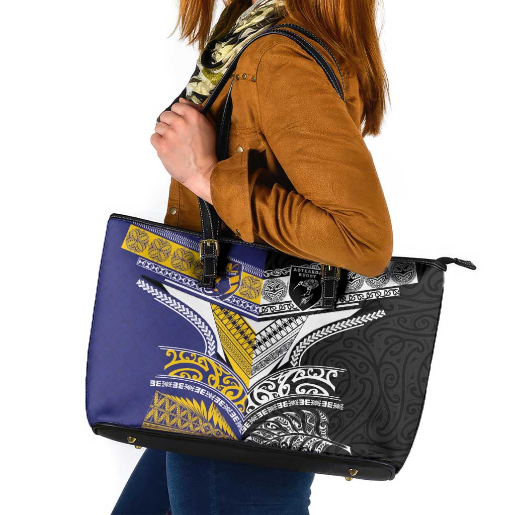 Rugby Niue and Aotearoa Leather Tote Bag Hiapo with Maori Moko Tribal Heritage Tattoos - Polynesian Pride