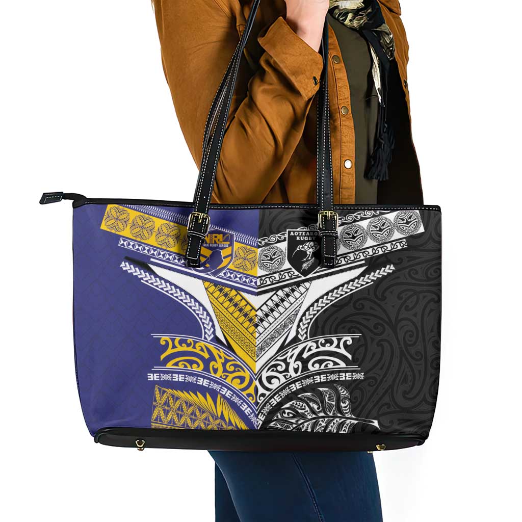 Rugby Niue and Aotearoa Leather Tote Bag Hiapo with Maori Moko Tribal Heritage Tattoos - Polynesian Pride