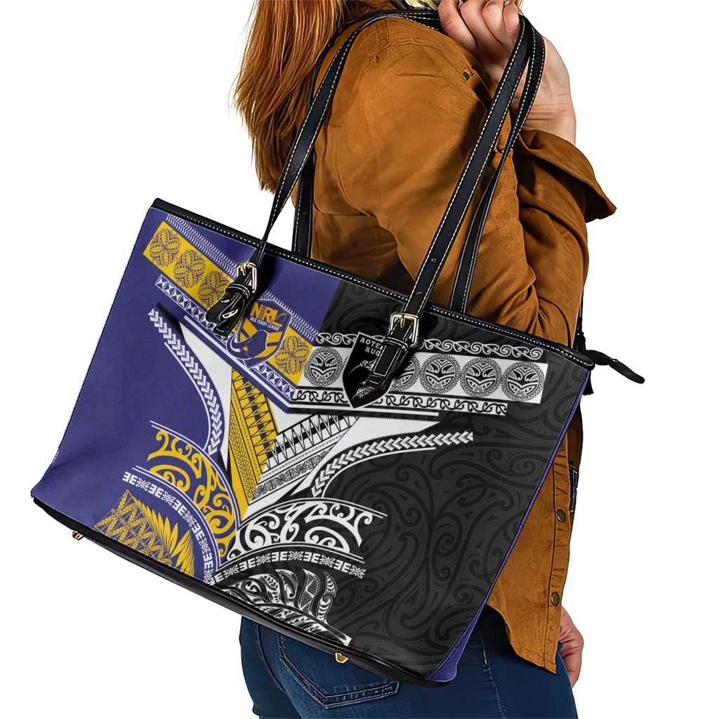 Rugby Niue and Aotearoa Leather Tote Bag Hiapo with Maori Moko Tribal Heritage Tattoos - Polynesian Pride