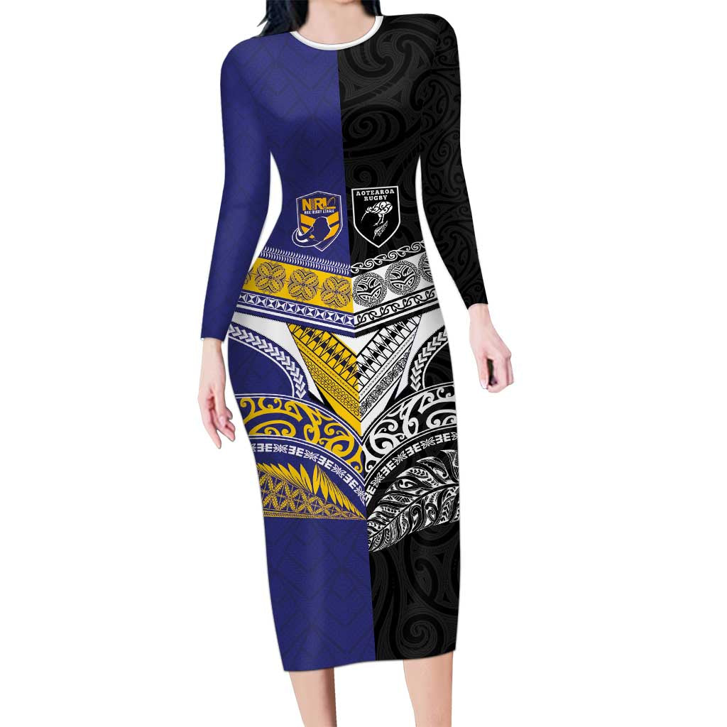 Custom Rugby Niue and Aotearoa Long Sleeve Bodycon Dress Hiapo with Maori Moko Tribal Heritage Tattoos - Polynesian Pride