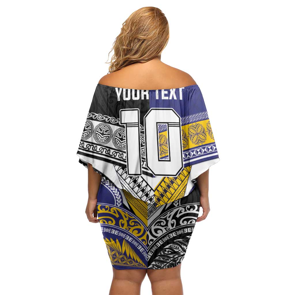 Custom Rugby Niue and Aotearoa Off Shoulder Short Dress Hiapo with Maori Moko Tribal Heritage Tattoos - Polynesian Pride