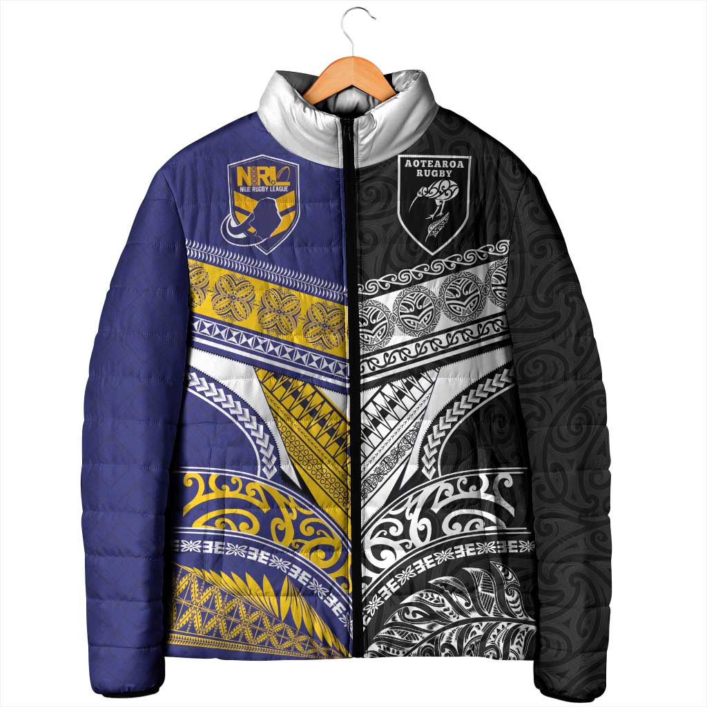 Custom Rugby Niue and Aotearoa Padded Jacket Hiapo with Maori Moko Tribal Heritage Tattoos - Polynesian Pride