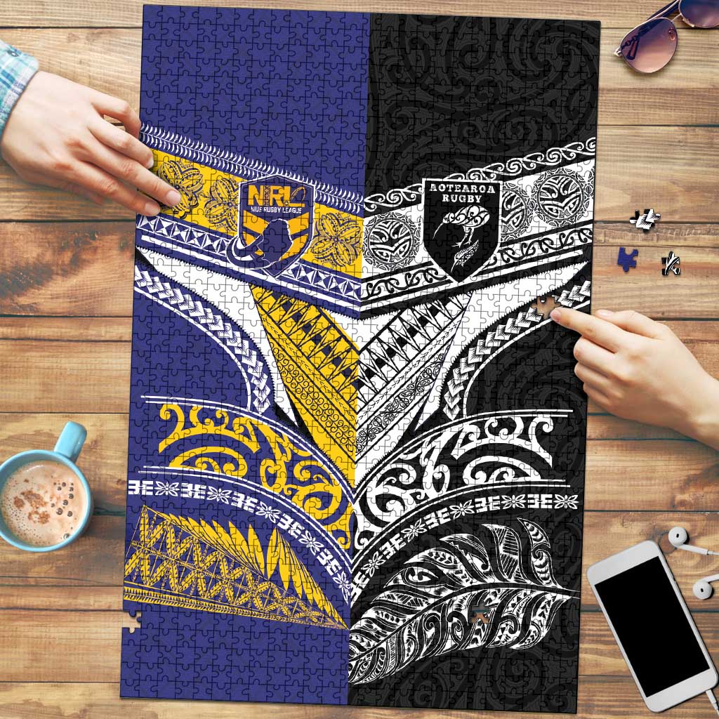 Rugby Niue and Aotearoa Puzzle Hiapo with Maori Moko Tribal Heritage Tattoos - Polynesian Pride