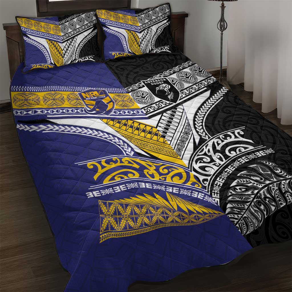 Rugby Niue and Aotearoa Quilt Bed Set Hiapo with Maori Moko Tribal Heritage Tattoos - Polynesian Pride