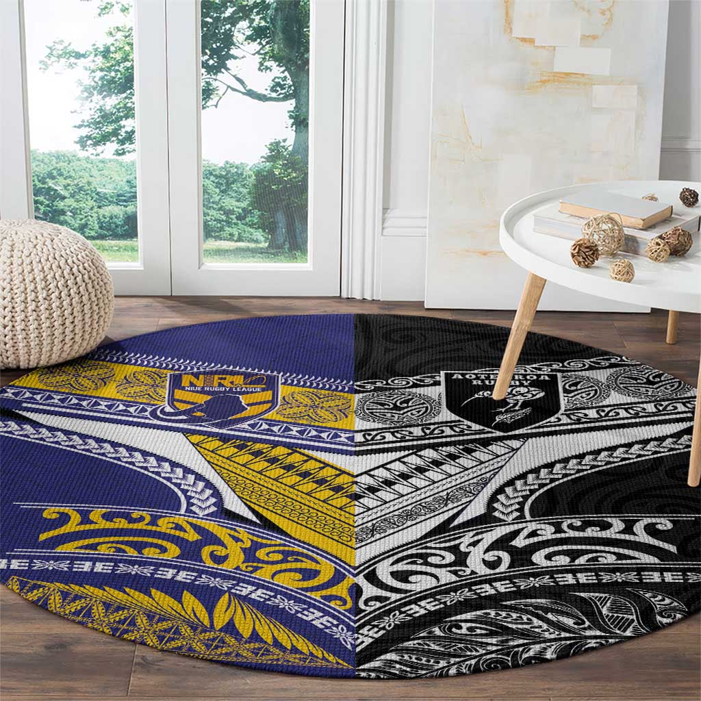Rugby Niue and Aotearoa Round Carpet Hiapo with Maori Moko Tribal Heritage Tattoos - Polynesian Pride