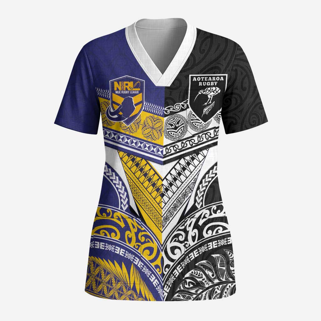 Custom Rugby Niue and Aotearoa Scrub Top Hiapo with Maori Moko Tribal Heritage Tattoos - Polynesian Pride
