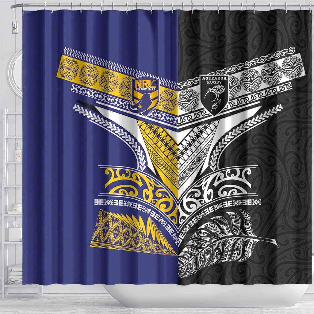Rugby Niue and Aotearoa Shower Curtain Hiapo with Maori Moko Tribal Heritage Tattoos - Polynesian Pride