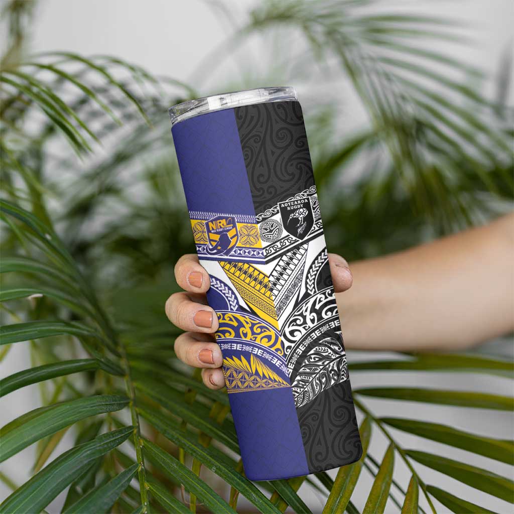Custom Rugby Niue and Aotearoa Skinny Tumbler Hiapo with Maori Moko Tribal Heritage Tattoos - Polynesian Pride