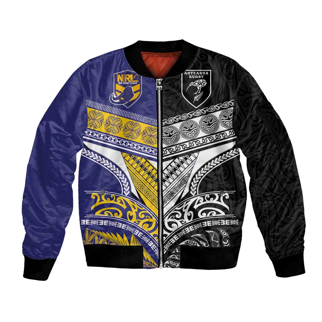 Custom Rugby Niue and Aotearoa Sleeve Zip Bomber Jacket Hiapo with Maori Moko Tribal Heritage Tattoos - Polynesian Pride
