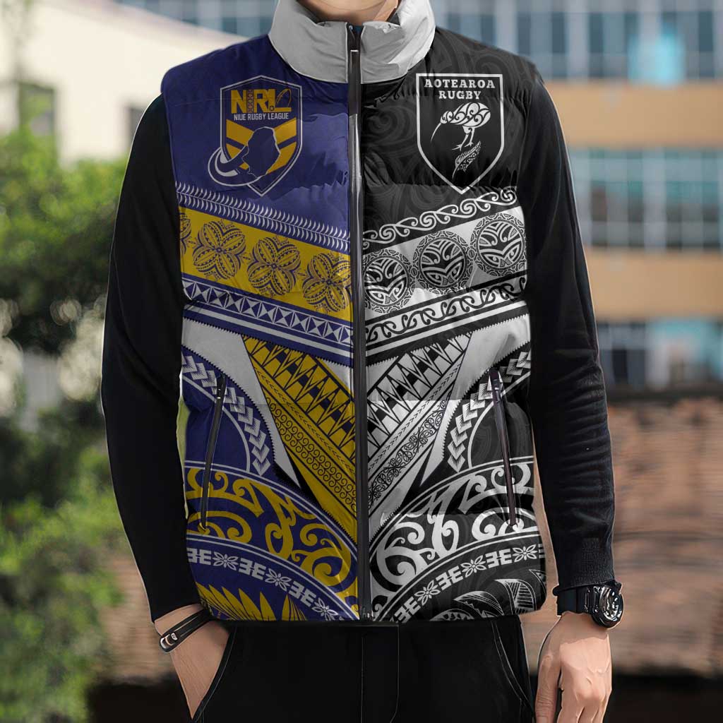Custom Rugby Niue and Aotearoa Sleeveless Puffer Jacket Hiapo with Maori Moko Tribal Heritage Tattoos - Polynesian Pride