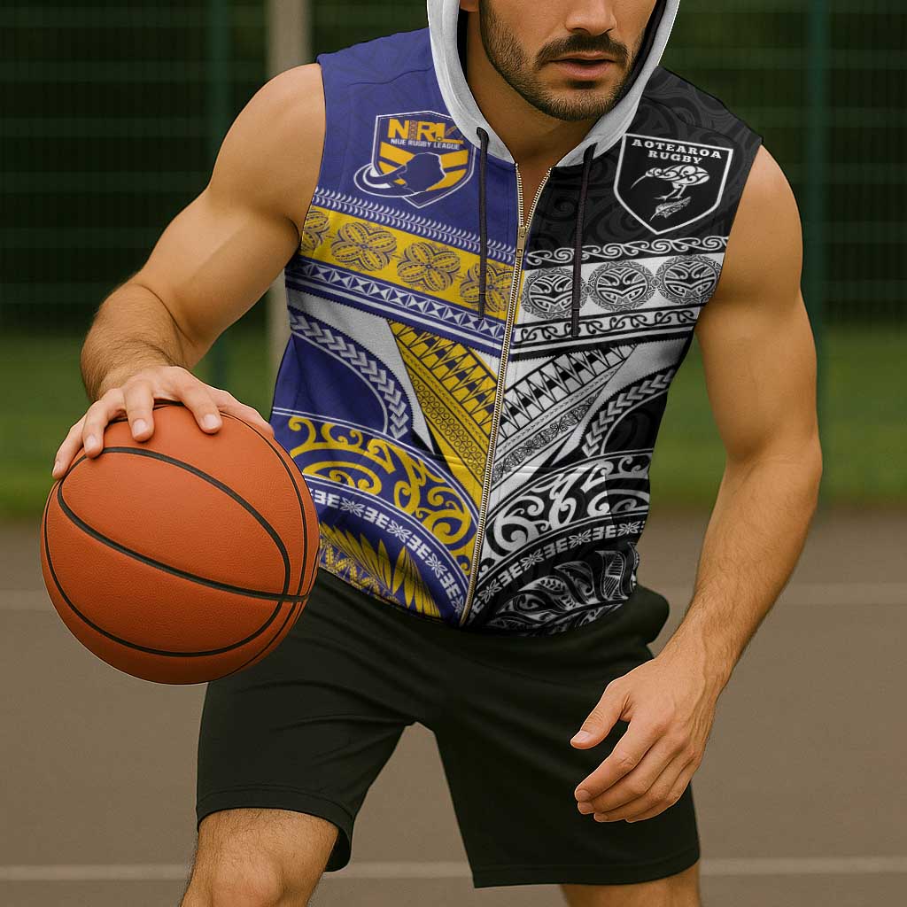 Custom Rugby Niue and Aotearoa Sleeveless Zip Hoodie Hiapo with Maori Moko Tribal Heritage Tattoos - Polynesian Pride