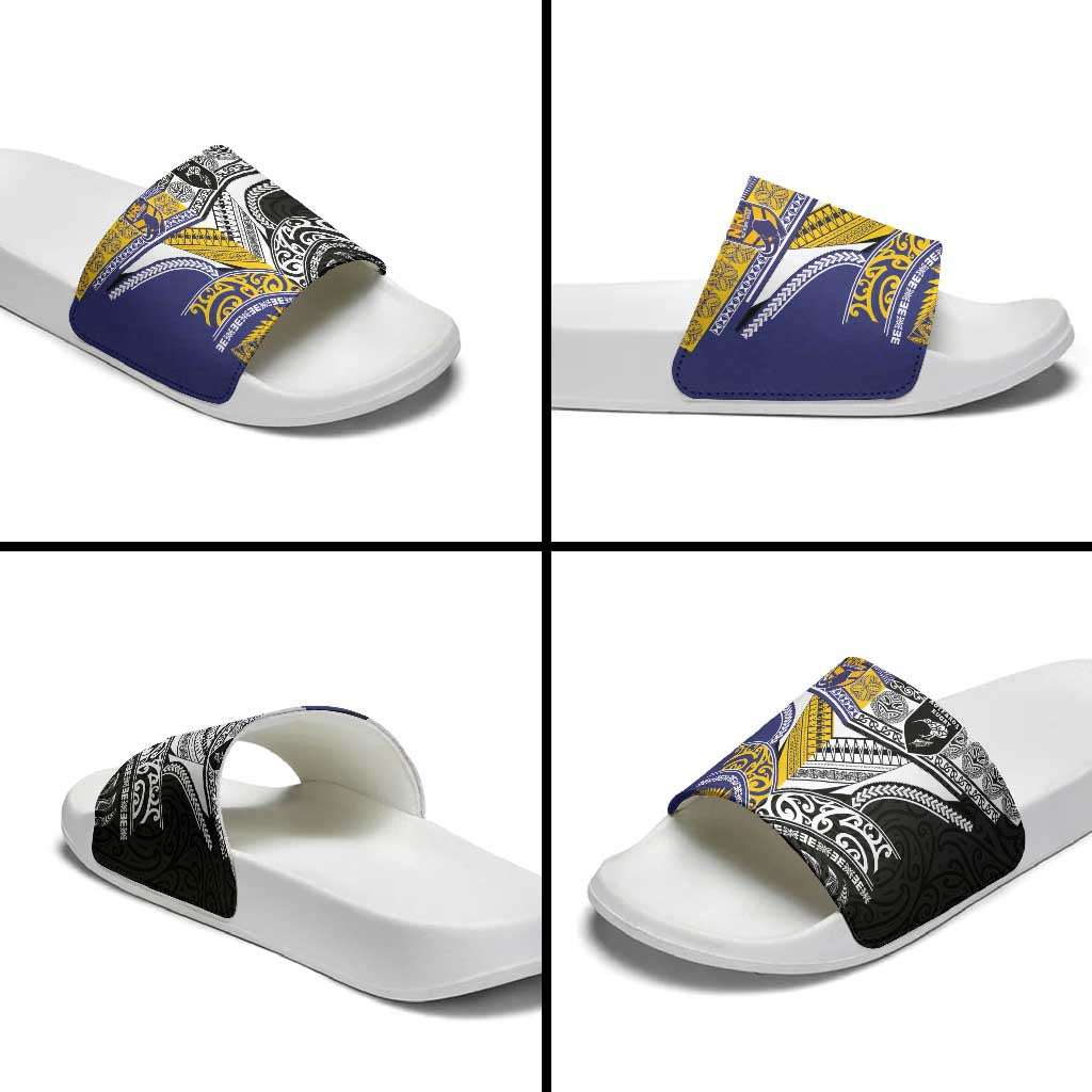Rugby Niue and Aotearoa Slide Sandals Hiapo with Maori Moko Tribal Heritage Tattoos - Polynesian Pride