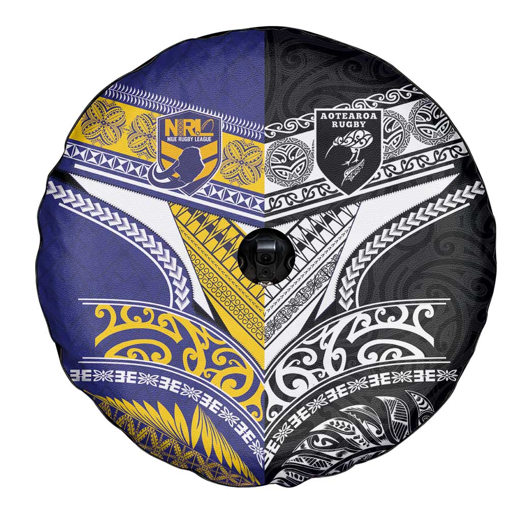 Rugby Niue and Aotearoa Spare Tire Cover Hiapo with Maori Moko Tribal Heritage Tattoos - Polynesian Pride